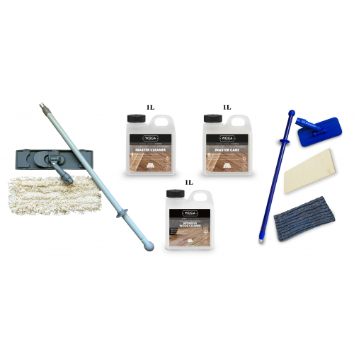Kit Saving: DC143, Clean and care for a lacquered floor, incl 1ltr each Woca Lacquer Soap, Lacquer Care, Wood Cleaner, Breakframe mop & cloth (DC)